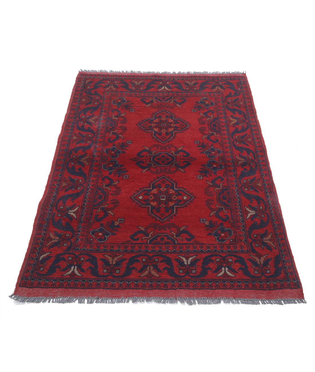 Hand Knotted Afghan Khal Muhammadi Wool Rug - 3'3'' x 4'6'' 3' 3" X 4' 6" (99 X 137) / Red / Blue