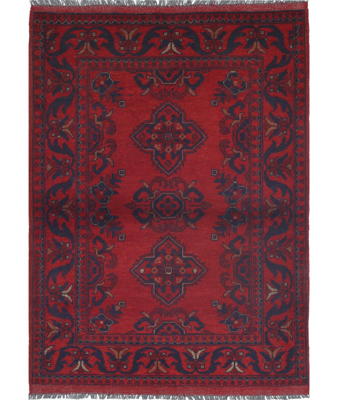 Hand Knotted Afghan Khal Muhammadi Wool Rug - 3&#39;3&#39;&#39; x 4&#39;6&#39;&#39; 3&#39; 3&quot; X 4&#39; 6&quot; (99 X 137) / Red / Blue