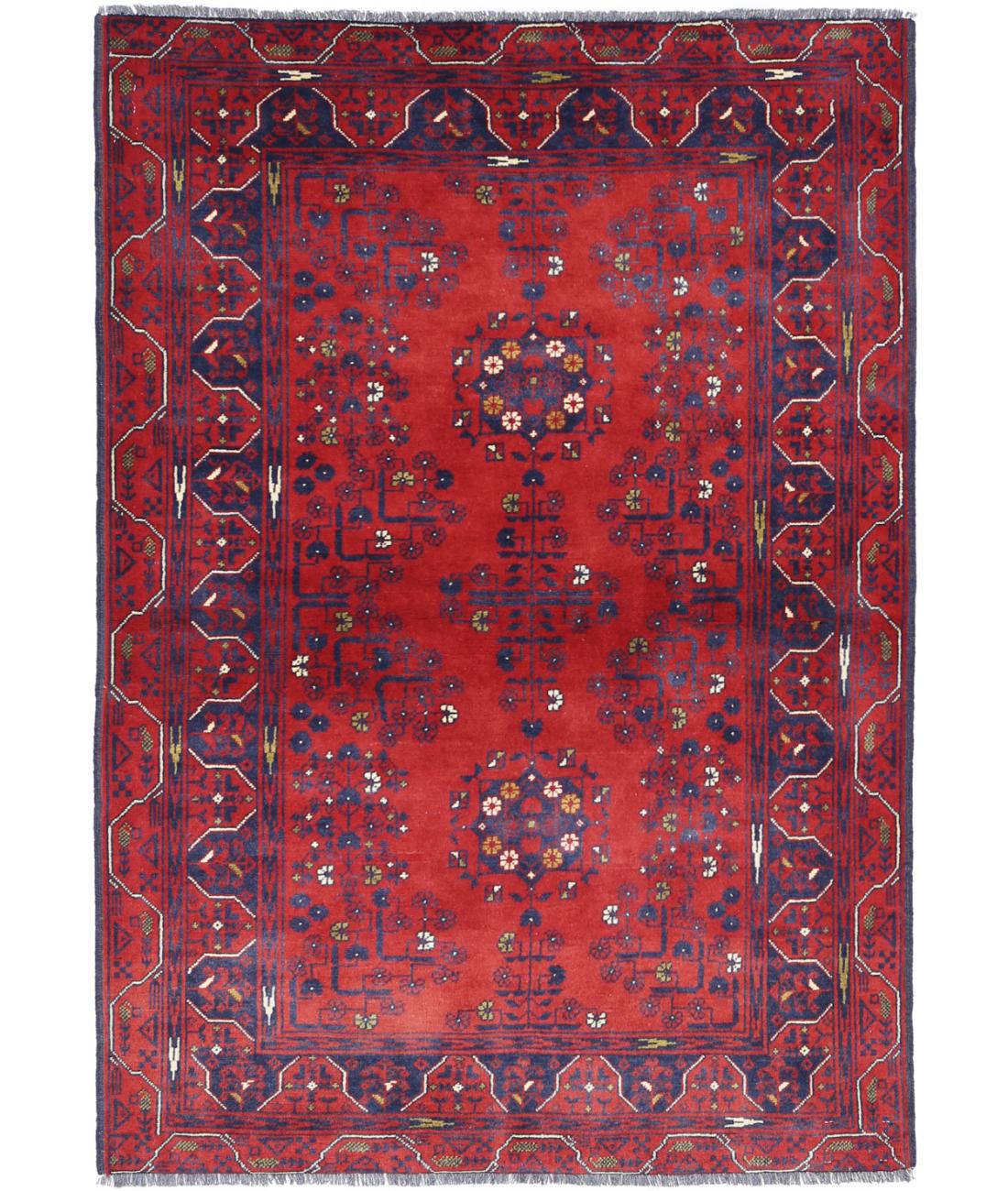 Hand Knotted Afghan Khamyab Wool Rug - 3&#39;2&#39;&#39; x 4&#39;9&#39;&#39; 3&#39; 2&quot; X 4&#39; 9&quot; (97 X 145) / Red / Blue