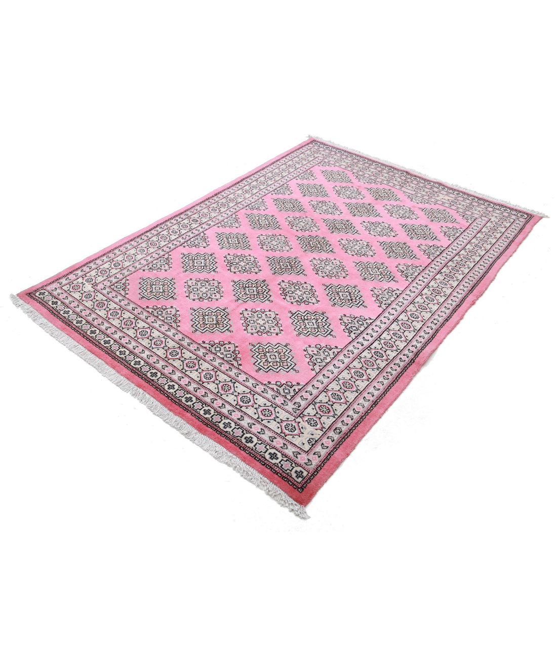 Hand Knotted Tribal Bokhara Wool Rug - 4'7'' x 6'5'' 4'7'' x 6'5'' (138 X 193) / Pink / Gold