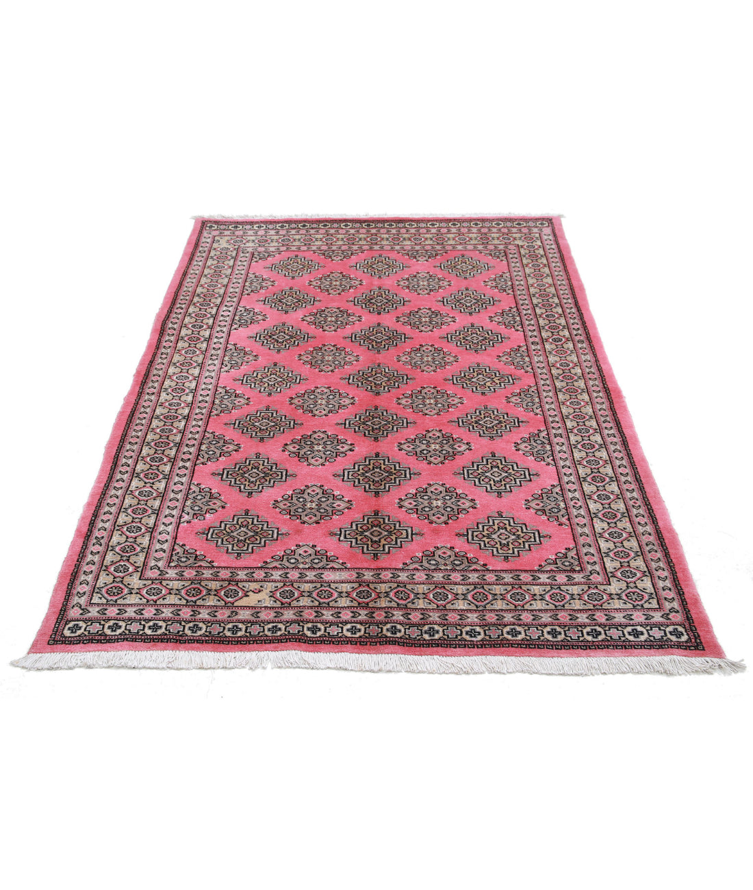 Hand Knotted Tribal Bokhara Wool Rug - 4'7'' x 6'5'' 4'7'' x 6'5'' (138 X 193) / Pink / Gold