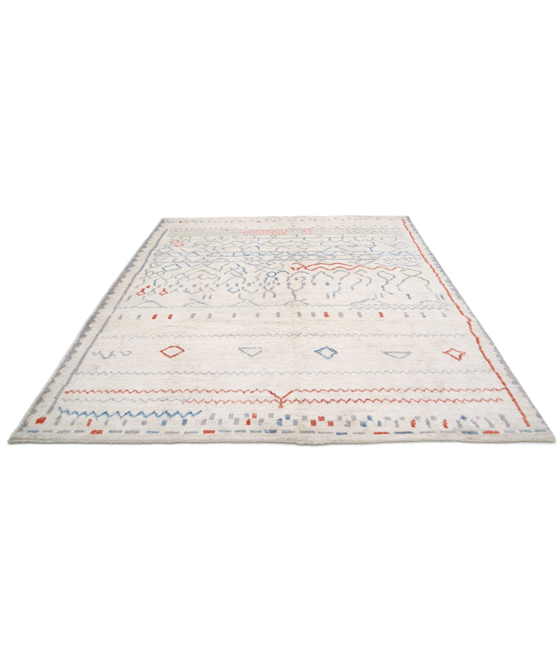 Hand Knotted Tribal Moroccan Wool Rug - 8'6'' x 9'9'' 8'6'' x 9'9'' (255 X 293) / Ivory / Red