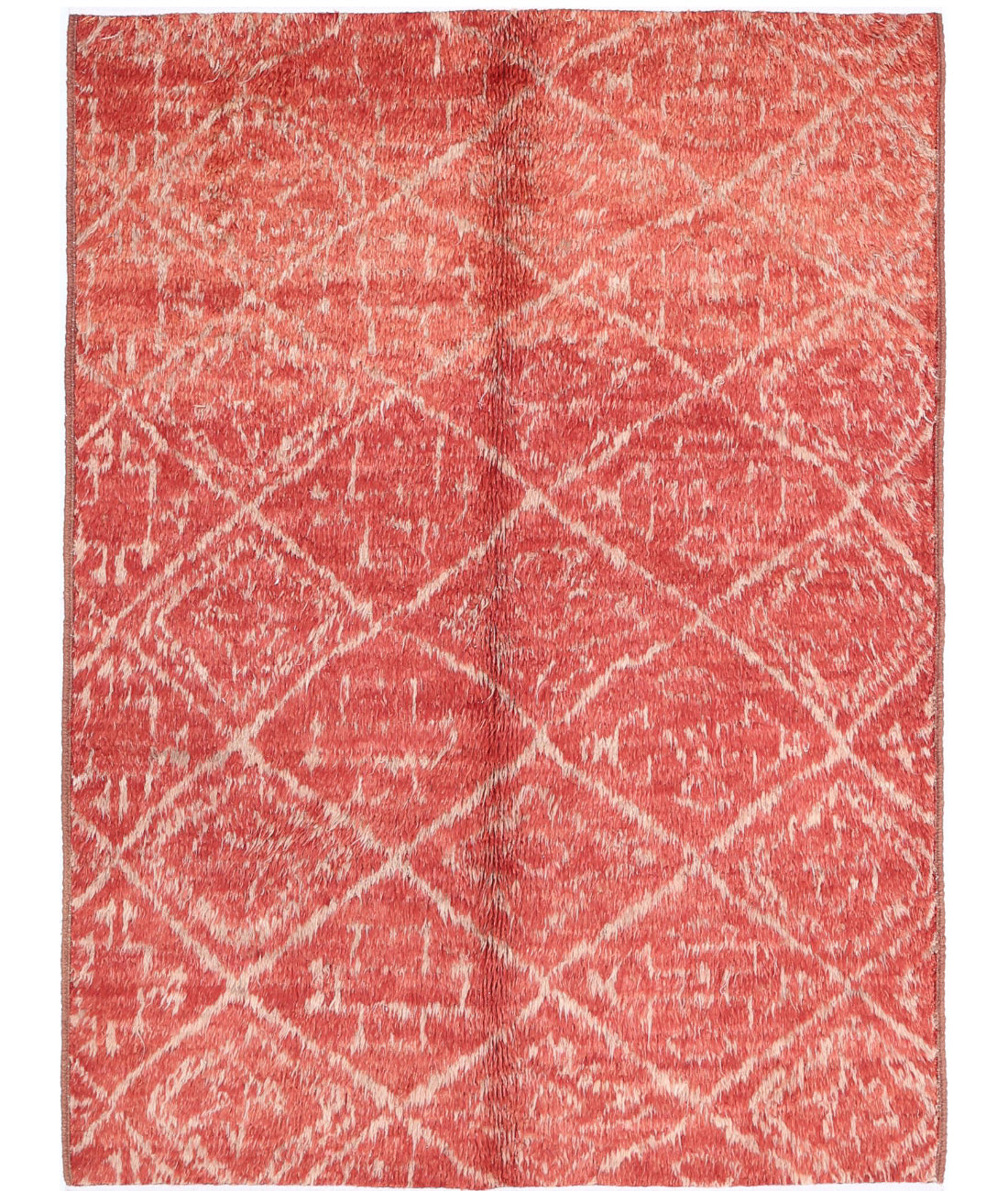 Hand Knotted Tribal Moroccan Wool Rug - 4&#39;4&#39;&#39; x 5&#39;9&#39;&#39; 4&#39;4&#39;&#39; x 5&#39;9&#39;&#39; (130 X 173) / Red / Ivory