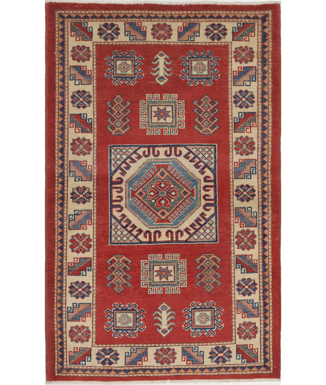 Hand Knotted Tribal Kazak Wool Rug - 3&#39;0&#39;&#39; x 4&#39;10&#39;&#39; 3&#39; 0&quot; X 4&#39; 10&quot; (91 X 147) / Red / Ivory