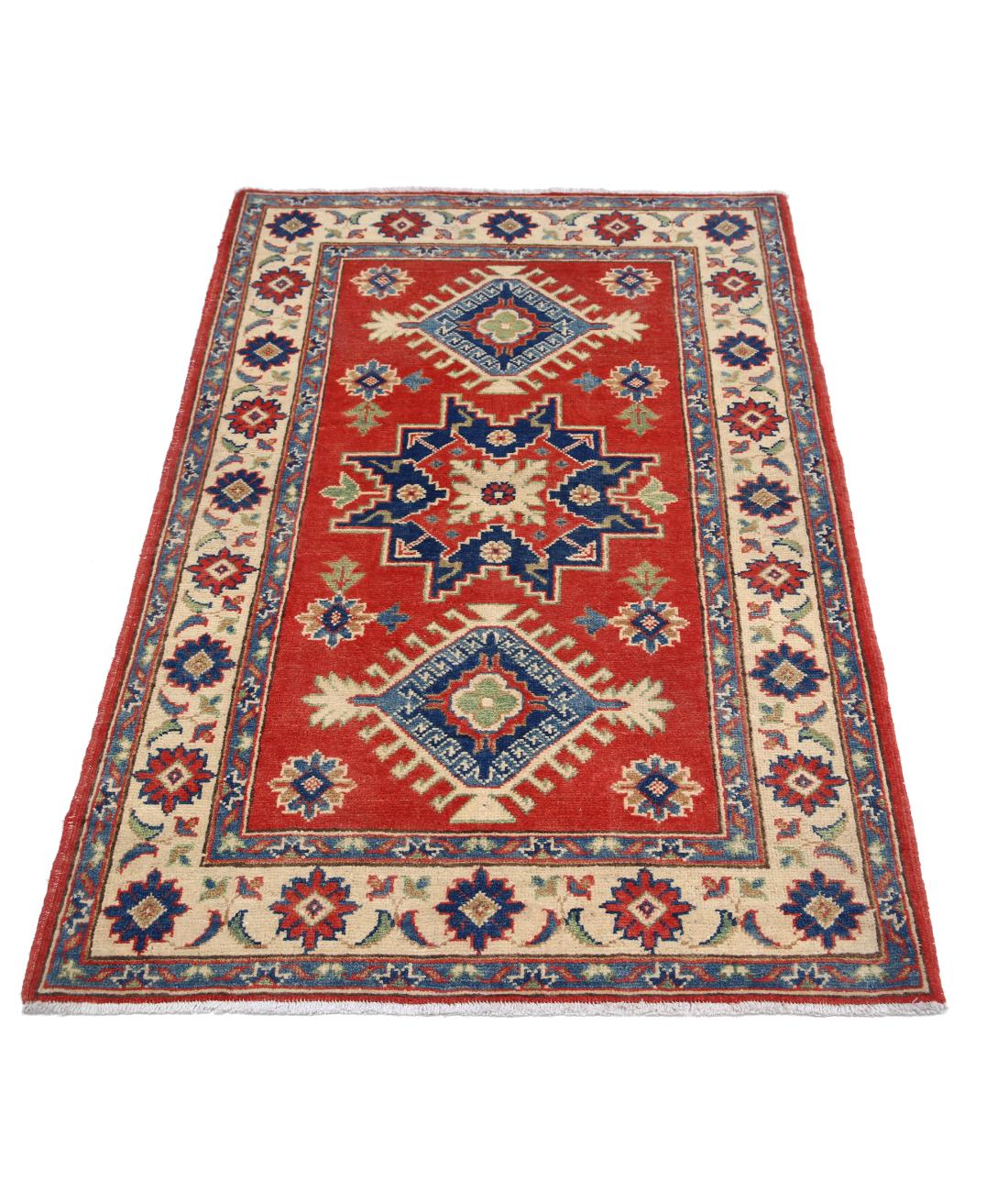 Hand Knotted Tribal Kazak Wool Rug - 3'2'' x 4'10'' 3' 2" X 4' 10" (97 X 147) / Red / Ivory
