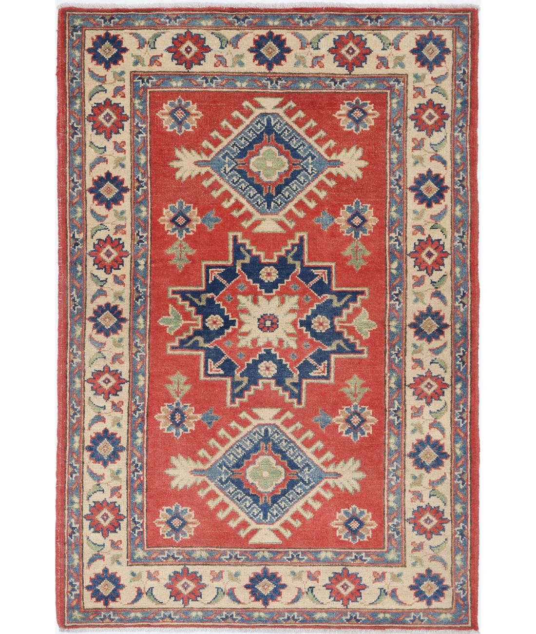 Hand Knotted Tribal Kazak Wool Rug - 3&#39;2&#39;&#39; x 4&#39;10&#39;&#39; 3&#39; 2&quot; X 4&#39; 10&quot; (97 X 147) / Red / Ivory