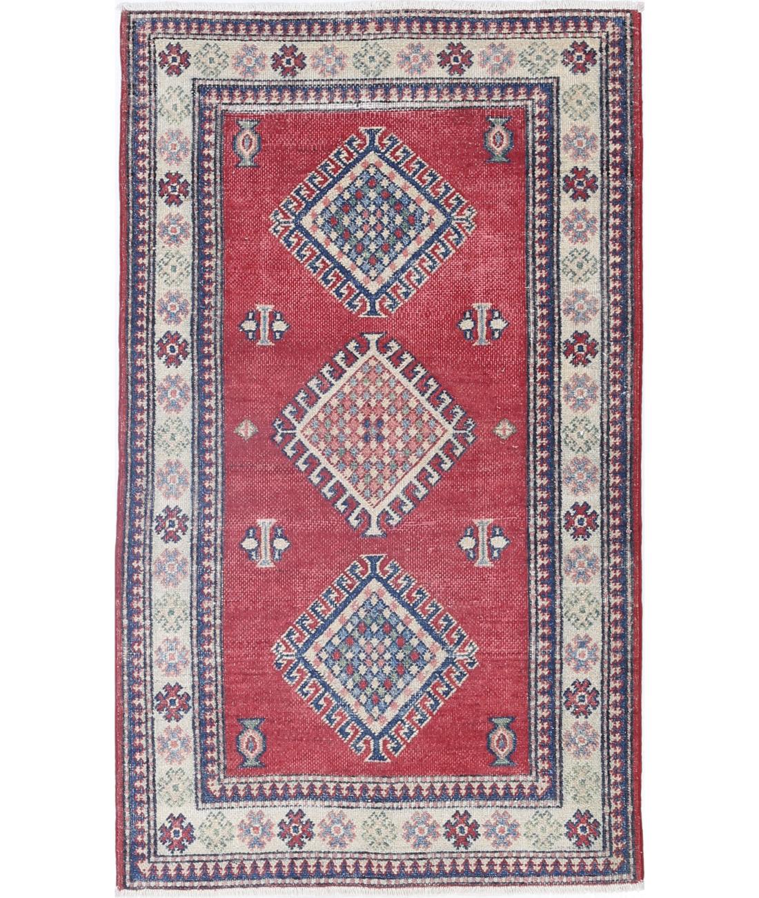 Hand Knotted Tribal Kazak Wool Rug - 2&#39;10&#39;&#39; x 4&#39;11&#39;&#39; 2&#39; 10&quot; X 4&#39; 11&quot; (86 X 150) / Red / Ivory