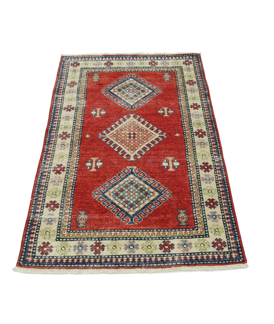 Hand Knotted Tribal Kazak Wool Rug - 2'10'' x 4'8'' 2' 10" X 4' 8" (86 X 142) / Red / Ivory