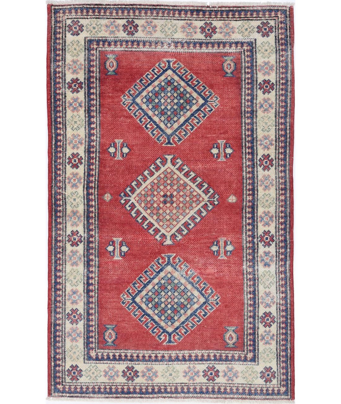 Hand Knotted Tribal Kazak Wool Rug - 2&#39;10&#39;&#39; x 4&#39;10&#39;&#39; 2&#39; 10&quot; X 4&#39; 10&quot; (86 X 147) / Red / Ivory