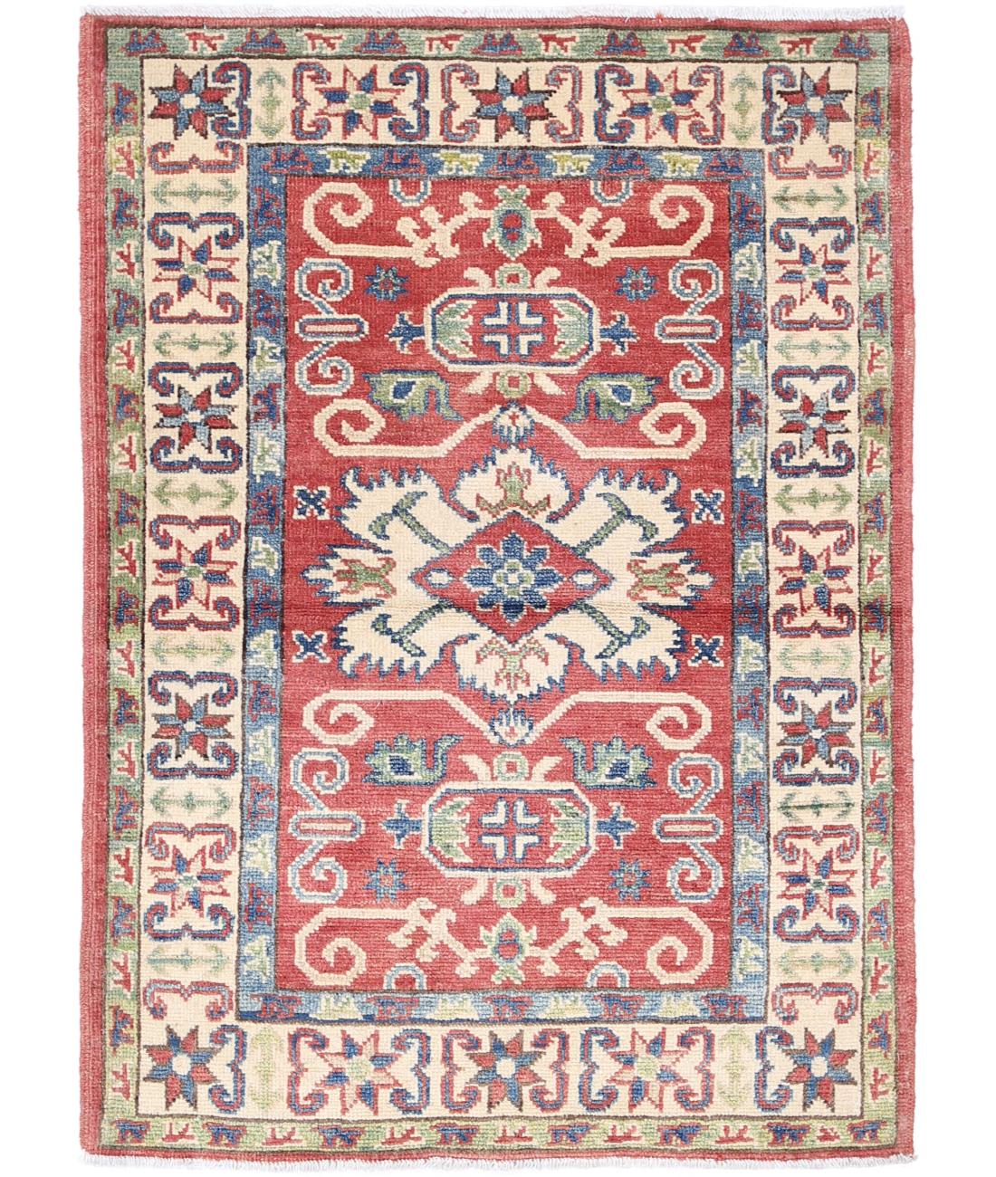 Hand Knotted Tribal Kazak Wool Rug - 2&#39;8&#39;&#39; x 4&#39;0&#39;&#39; 2&#39; 8&quot; X 4&#39; 0&quot; (81 X 122) / Red / Ivory