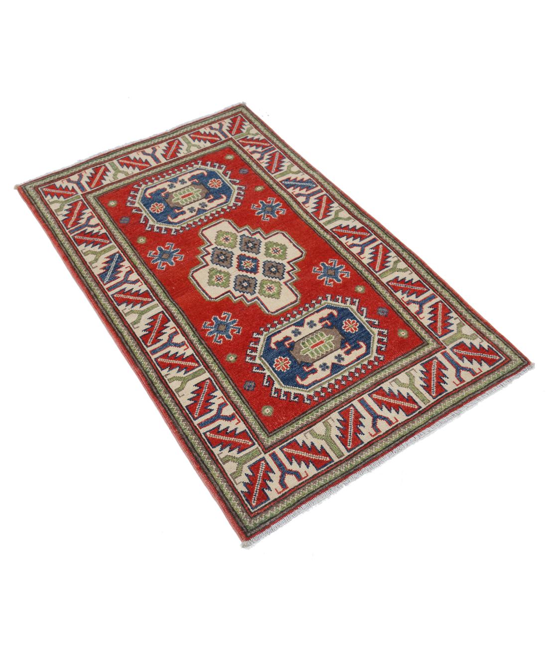Hand Knotted Tribal Kazak Wool Rug - 2'9'' x 4'3'' 2' 9" X 4' 3" (84 X 130) / Red / Ivory