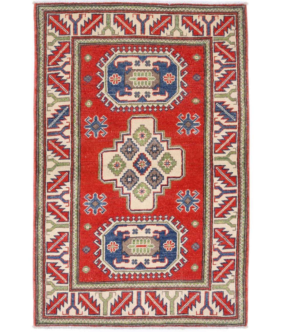 Hand Knotted Tribal Kazak Wool Rug - 2&#39;9&#39;&#39; x 4&#39;3&#39;&#39; 2&#39; 9&quot; X 4&#39; 3&quot; (84 X 130) / Red / Ivory