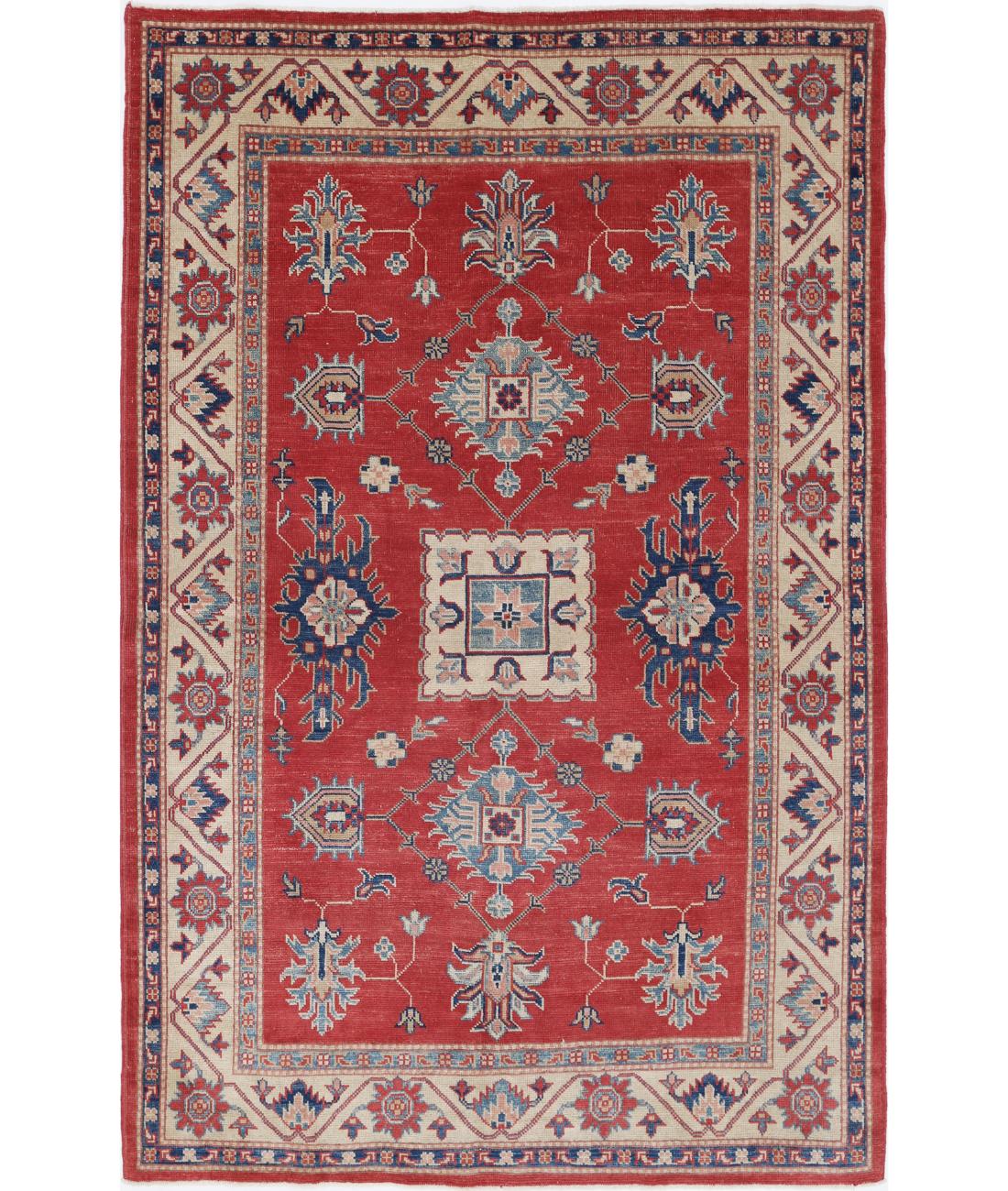 Hand Knotted Tribal Kazak Wool Rug - 5'0'' x 7'9'' 5' 0" X 7' 9" (152 X 236) / Red / Ivory