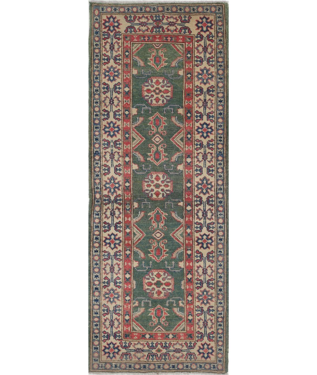 Hand Knotted Tribal Kazak Wool Rug - 2&#39;1&#39;&#39; x 5&#39;8&#39;&#39; 2&#39; 1&quot; X 5&#39; 8&quot; (64 X 173) / Green / Ivory
