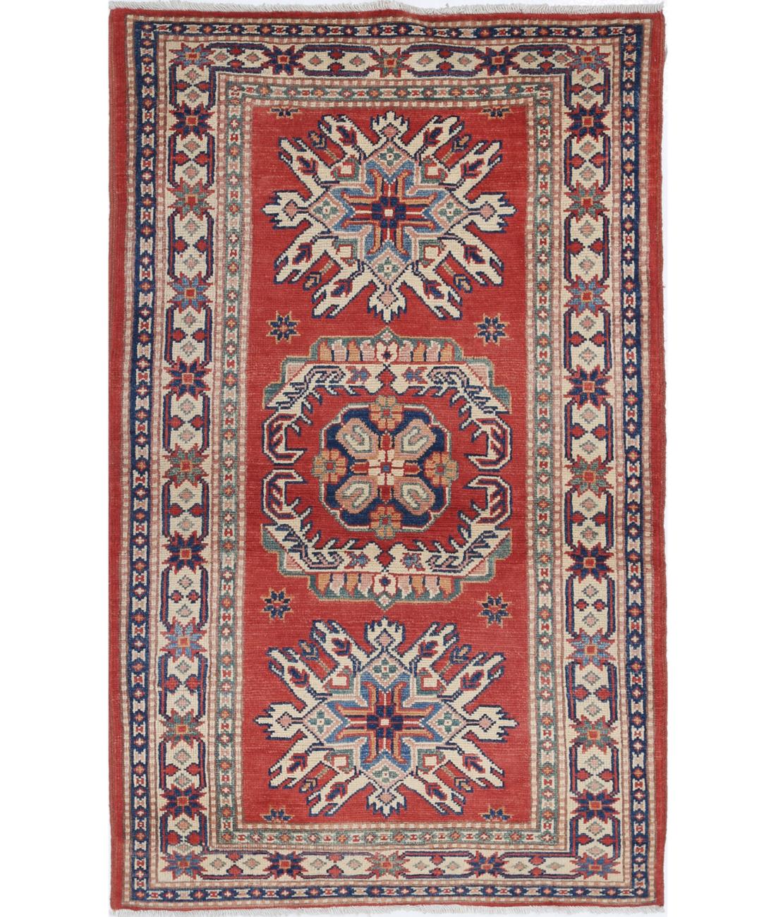 Hand Knotted Tribal Kazak Wool Rug - 2&#39;11&#39;&#39; x 4&#39;11&#39;&#39; 2&#39; 11&quot; X 4&#39; 11&quot; (89 X 150) / Red / Ivory