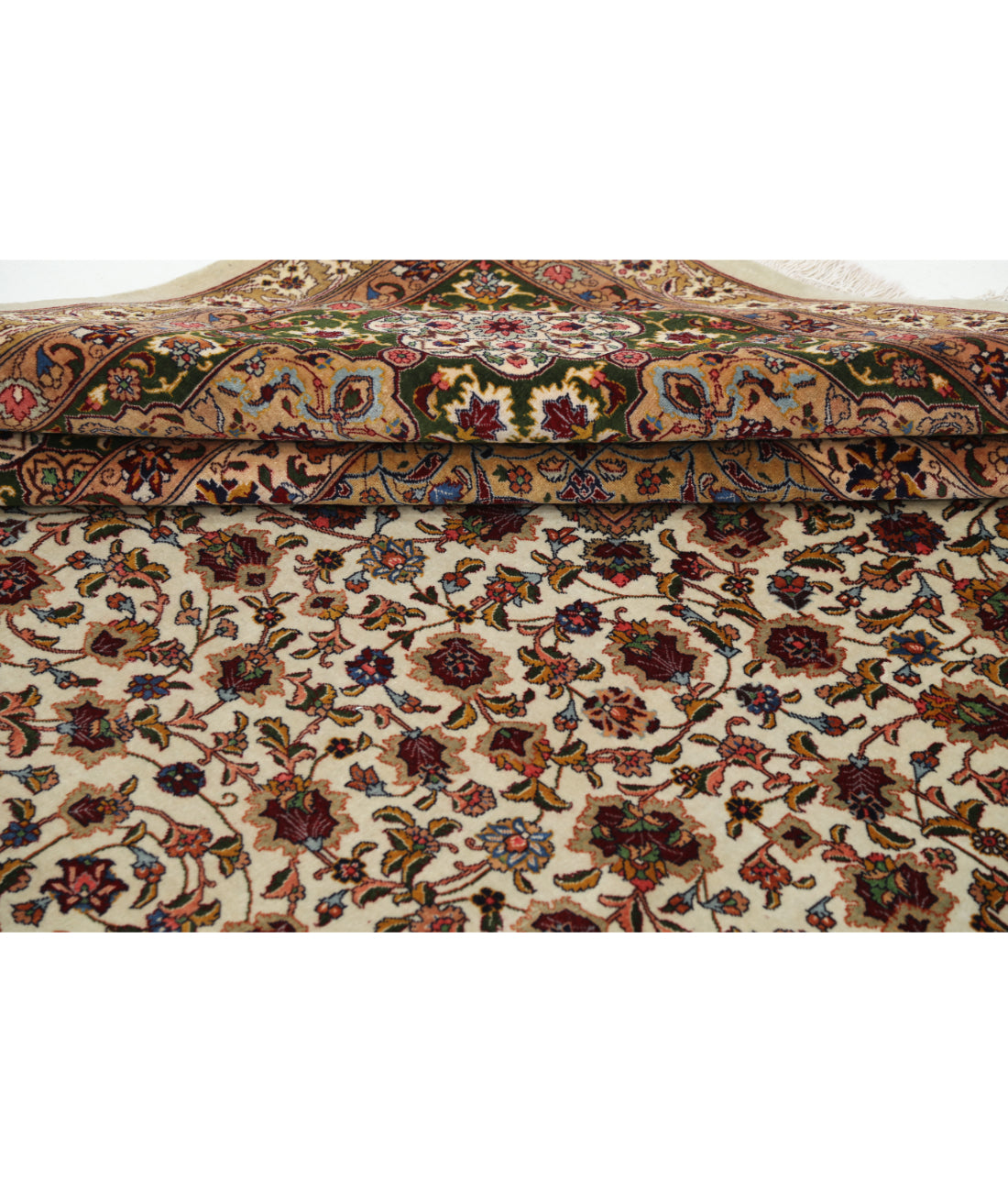 Hand Knotted Masterpiece Persian Tabriz Fine Sheikh Safi Wool & Silk Rug - 11'1'' x 16'0'' 11'1'' x 16'0'' (333 X 480) / Ivory / Green