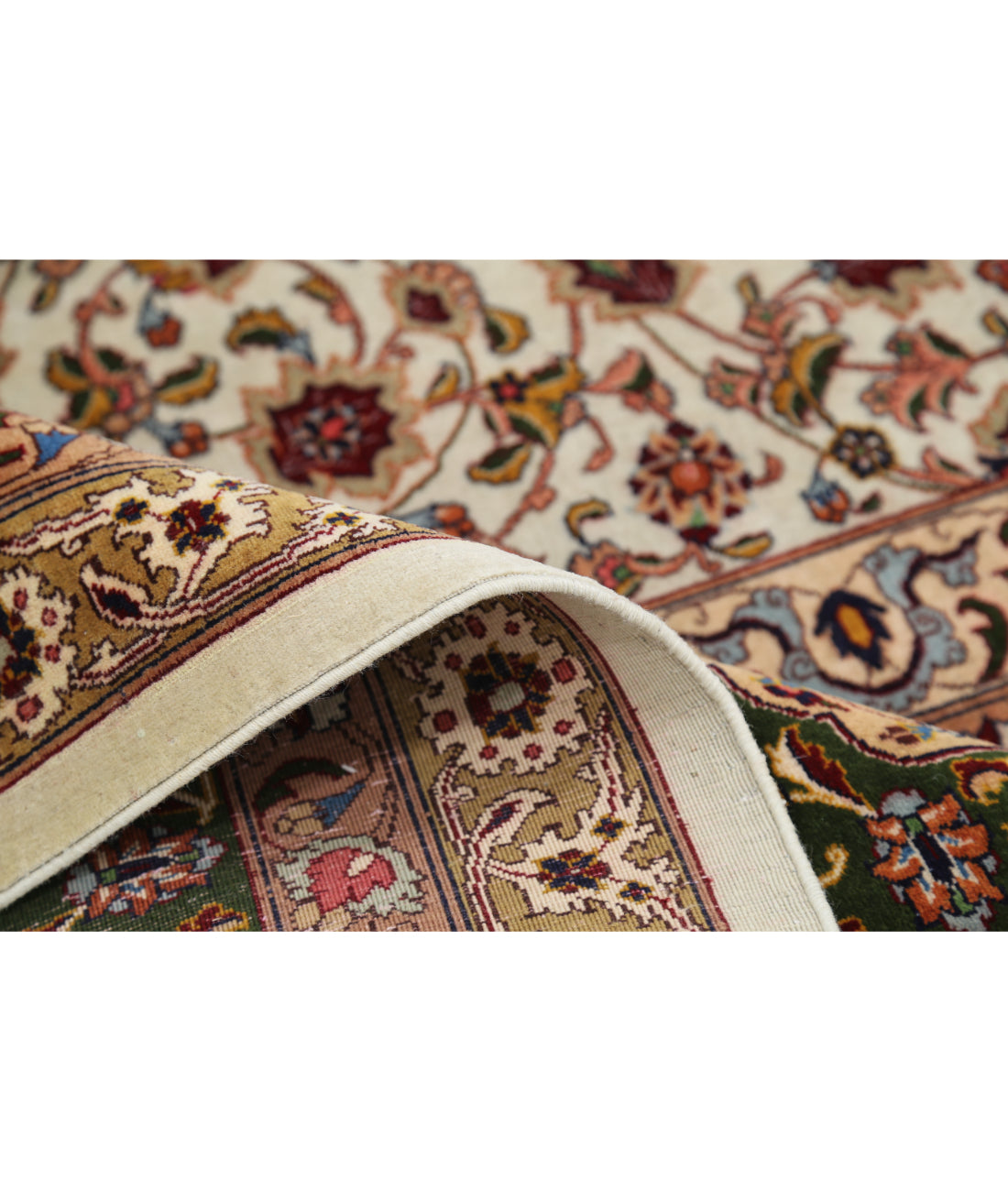 Hand Knotted Masterpiece Persian Tabriz Fine Sheikh Safi Wool & Silk Rug - 11'1'' x 16'0'' 11'1'' x 16'0'' (333 X 480) / Ivory / Green
