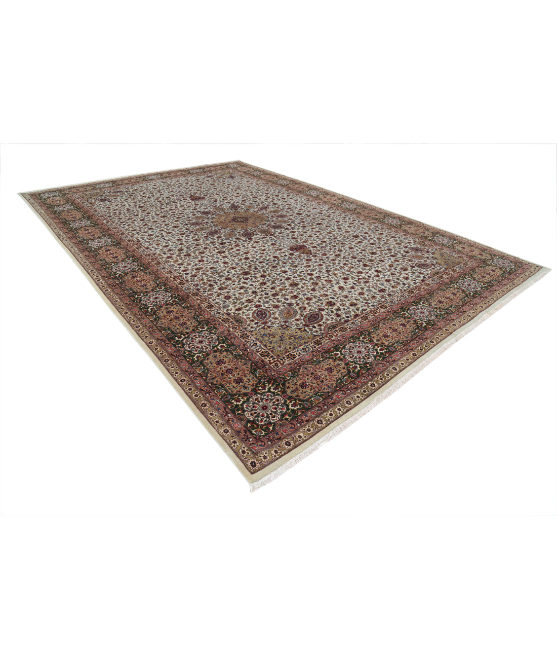 Hand Knotted Masterpiece Persian Tabriz Fine Sheikh Safi Wool & Silk Rug - 11'1'' x 16'0'' 11'1'' x 16'0'' (333 X 480) / Ivory / Green