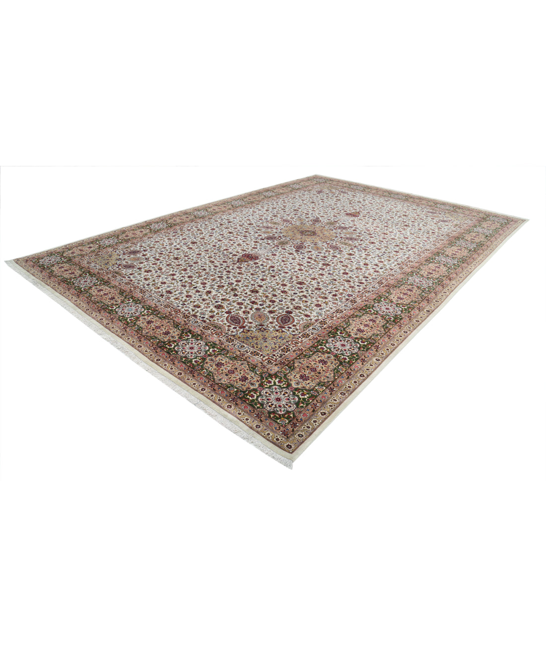 Hand Knotted Masterpiece Persian Tabriz Fine Sheikh Safi Wool & Silk Rug - 11'1'' x 16'0'' 11'1'' x 16'0'' (333 X 480) / Ivory / Green