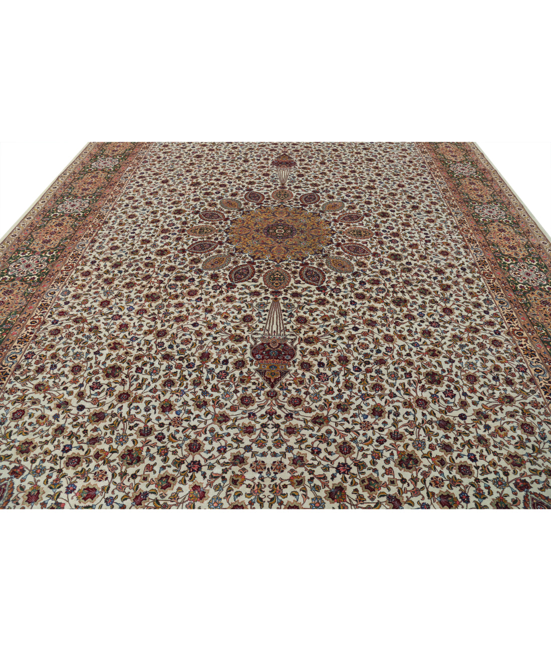 Hand Knotted Masterpiece Persian Tabriz Fine Sheikh Safi Wool & Silk Rug - 11'1'' x 16'0'' 11'1'' x 16'0'' (333 X 480) / Ivory / Green