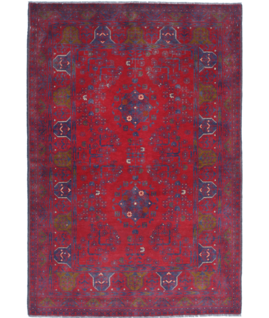 Hand Knotted Afghan Khamyab Wool Rug - 3'3'' x 4'11'' 3'3'' x 4'11'' (98 X 148) / Red / Blue