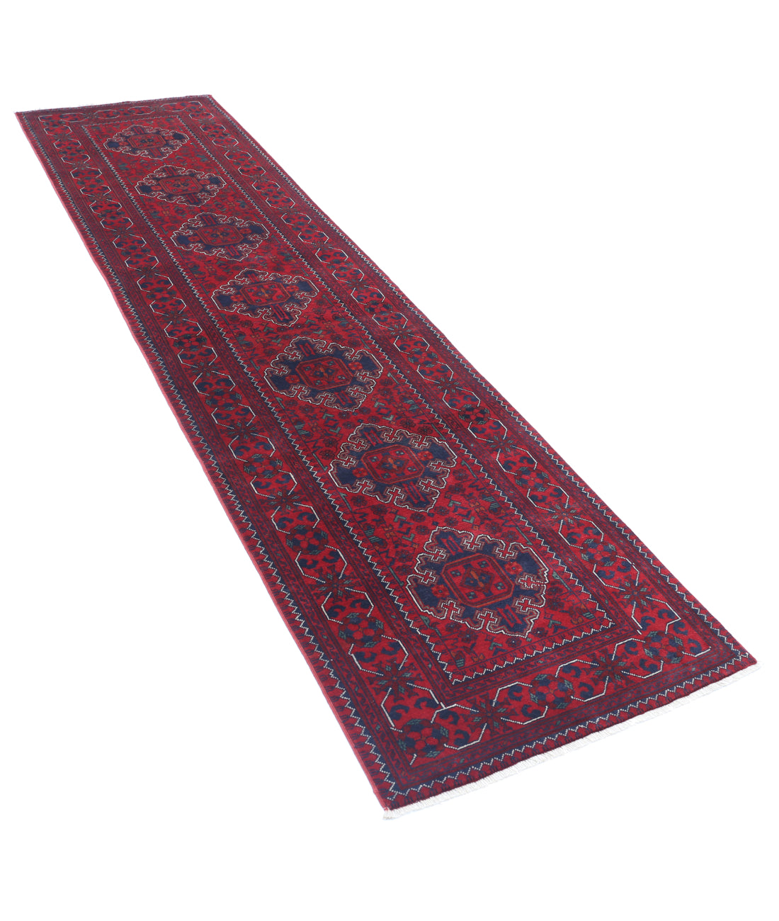 Hand Knotted Afghan Khamyab Wool Rug - 2'6'' x 10'0'' 2'6'' x 10'0'' (75 X 300) / Red / Blue