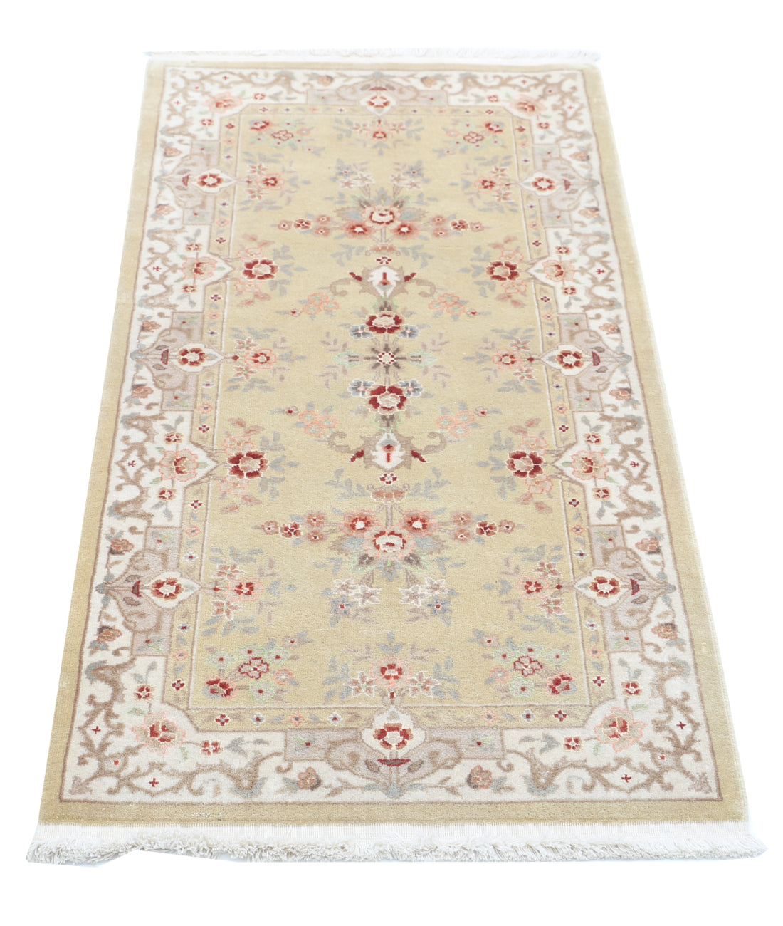 Hand Knotted Agra Kashan Wool Rug - 2'0'' x 4'2'' 2'0'' x 4'2'' (240 X 298) / Gold / Ivory