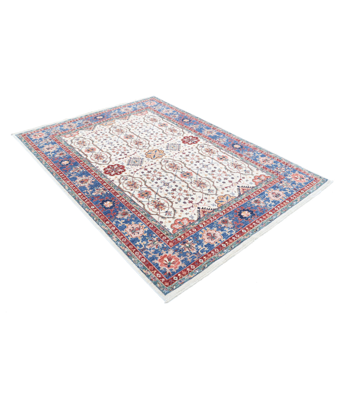 Hand Knotted Ziegler Farhan Wool Rug - 5'6'' x 7'6'' 5'6'' x 7'6'' (165 X 225) / Ivory / Blue