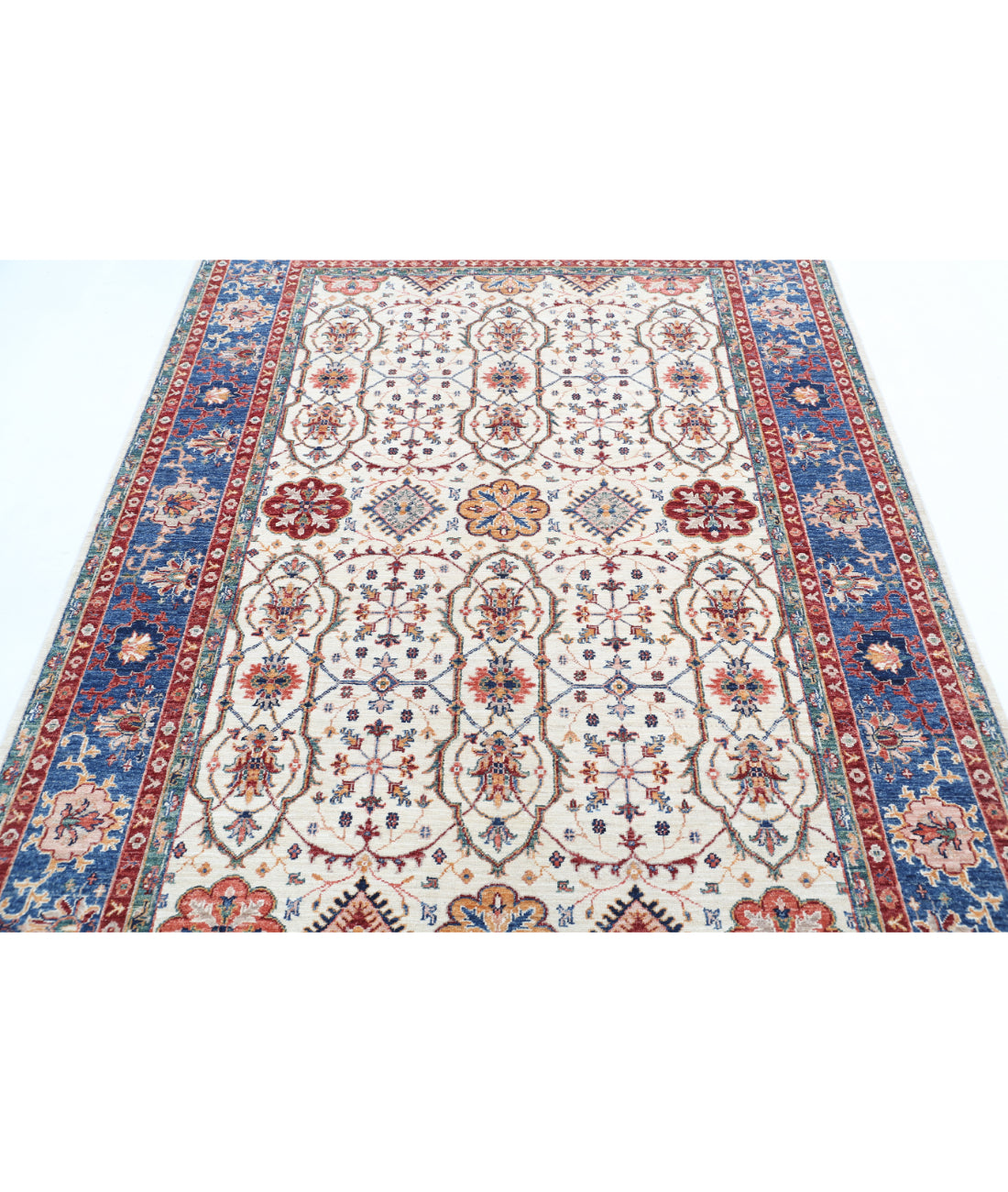 Hand Knotted Ziegler Farhan Wool Rug - 5'6'' x 7'6'' 5'6'' x 7'6'' (165 X 225) / Ivory / Blue