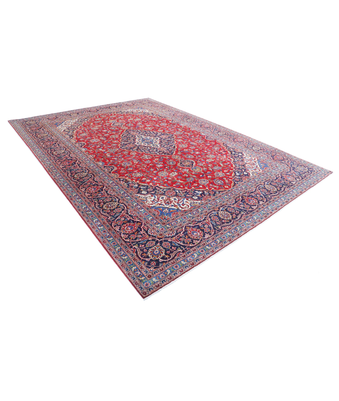 Hand Knotted Persian Kashan Wool Rug - 9'5'' x 12'8'' 9'5'' x 12'8'' (283 X 380) / Red / Blue