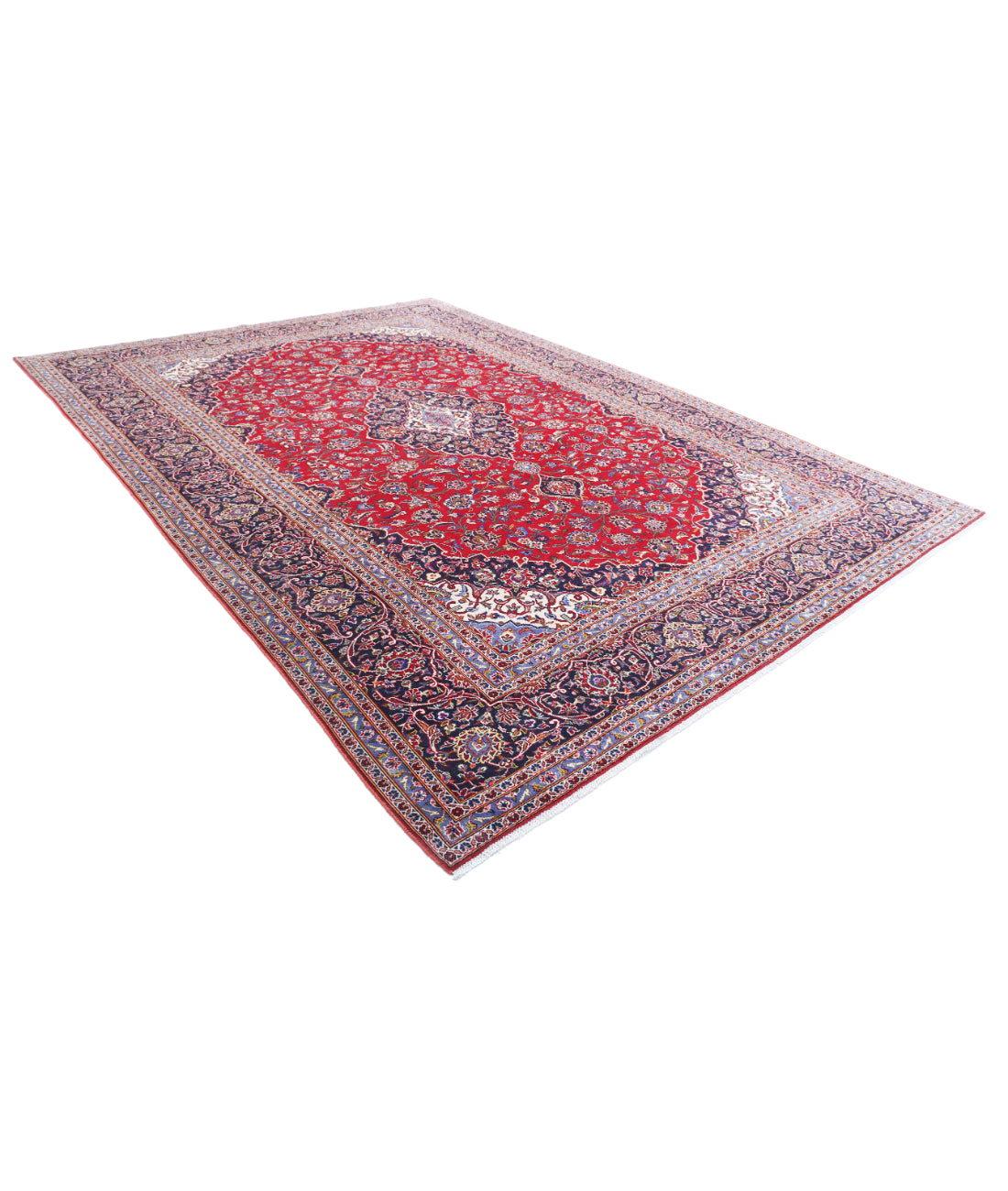 Hand Knotted Persian Kashan Wool Rug - 9'6'' x 13'6'' 9'6'' x 13'6'' (285 X 405) / Red / Blue
