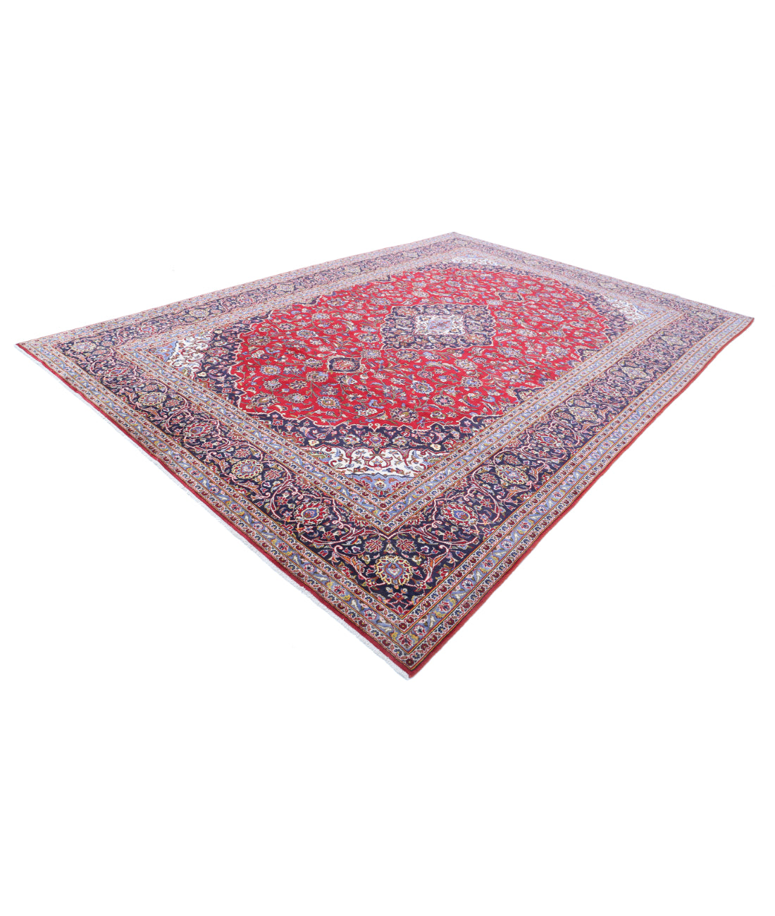 Hand Knotted Persian Kashan Wool Rug - 9'6'' x 13'6'' 9'6'' x 13'6'' (285 X 405) / Red / Blue