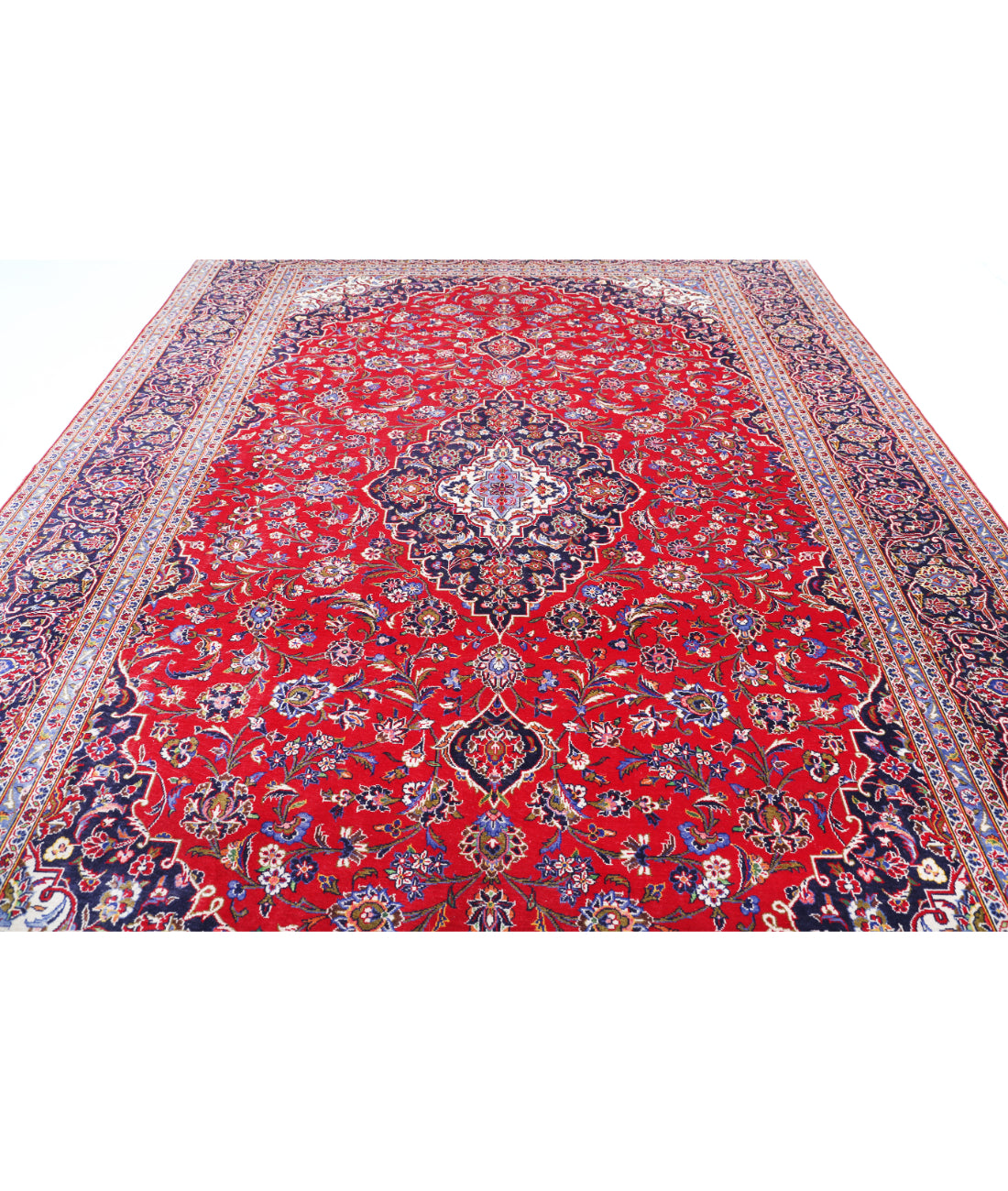 Hand Knotted Persian Kashan Wool Rug - 9'6'' x 13'6'' 9'6'' x 13'6'' (285 X 405) / Red / Blue