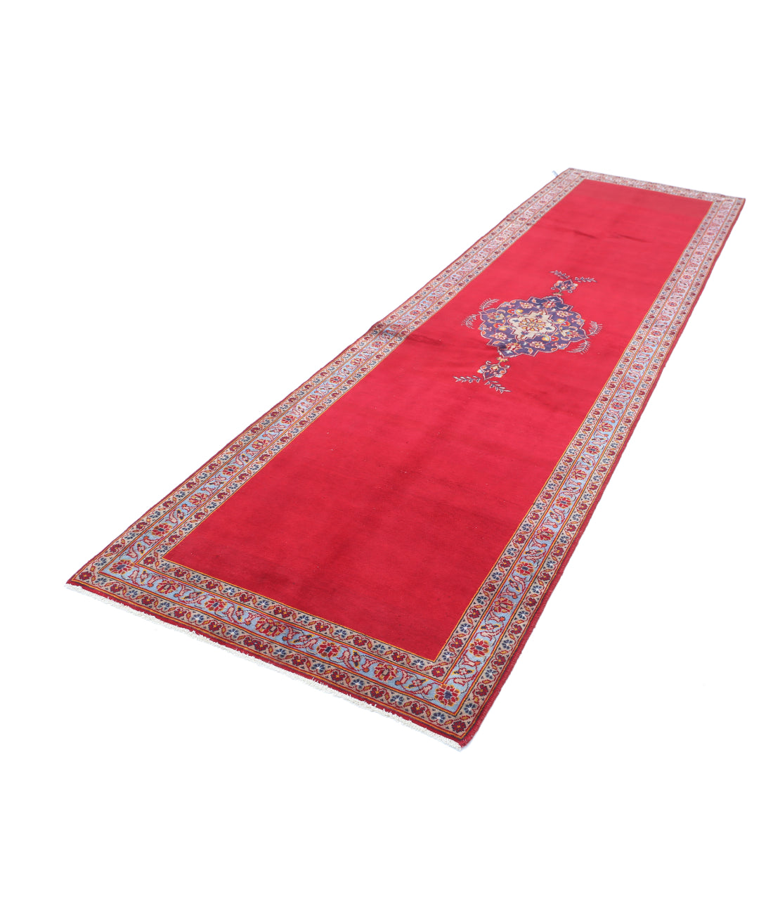 Hand Knotted Persian Kashan Wool Rug - 3'5'' x 12'3'' 3'5'' x 12'3'' (103 X 368) / Red / Blue