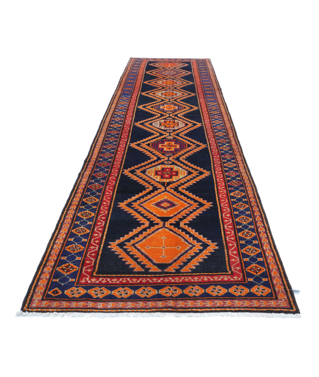 Hand Knotted Persian Hamadan Wool Rug - 4'2'' x 16'0'' 4'2'' x 16'0'' (125 X 480) / Blue / Rust