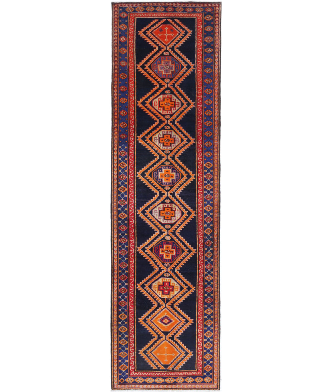 Hand Knotted Persian Hamadan Wool Rug - 4&#39;2&#39;&#39; x 16&#39;0&#39;&#39; 4&#39;2&#39;&#39; x 16&#39;0&#39;&#39; (125 X 480) / Blue / Rust