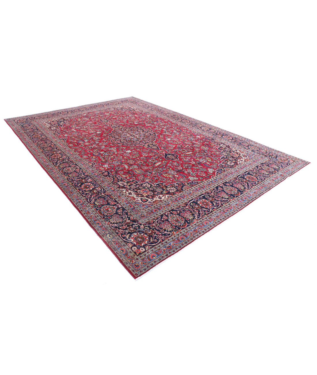 Hand Knotted Persian Kashan Wool Rug - 9'1'' x 12'7'' 9'1'' x 12'7'' (273 X 378) / Red / Blue
