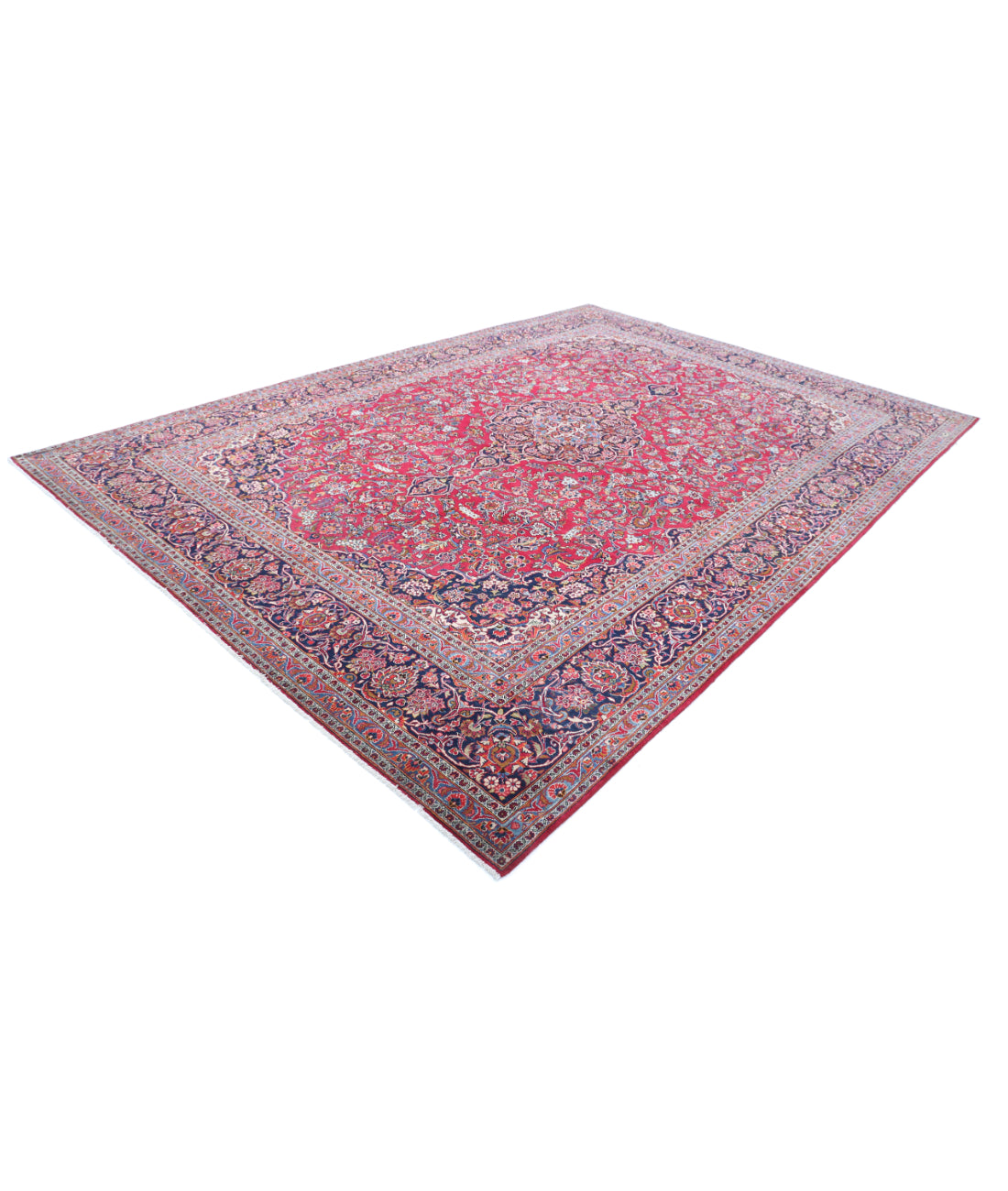Hand Knotted Persian Kashan Wool Rug - 9'1'' x 12'7'' 9'1'' x 12'7'' (273 X 378) / Red / Blue