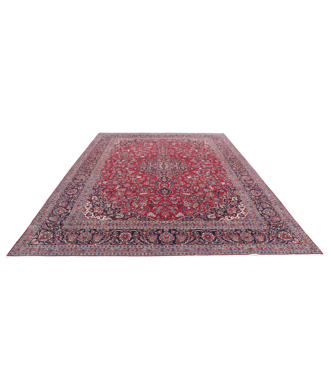 Hand Knotted Persian Kashan Wool Rug - 9'1'' x 12'7'' 9'1'' x 12'7'' (273 X 378) / Red / Blue