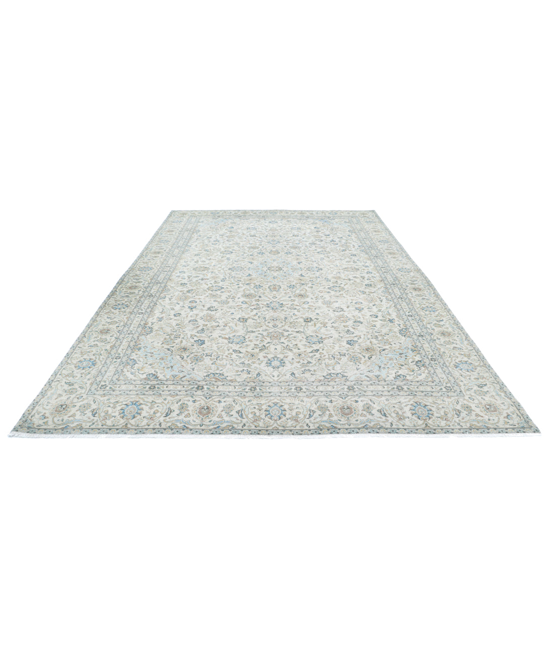 Hand Knotted Vintage Persian Kashan Wool Rug - 8'7'' x 12'7'' 8'7'' x 12'7'' (258 X 378) / Ivory / Blue