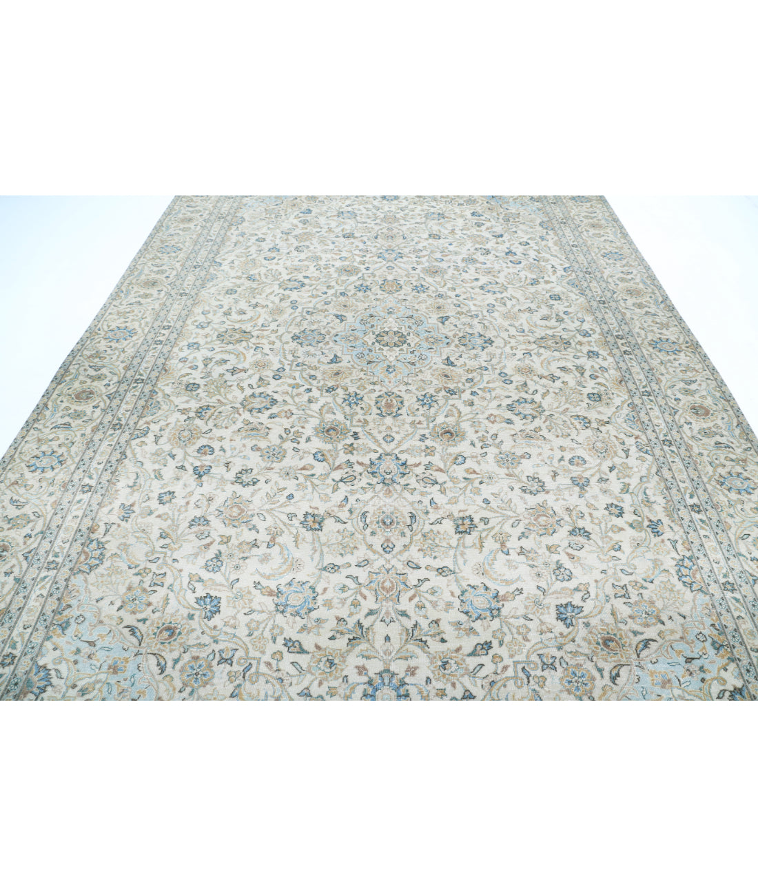Hand Knotted Vintage Persian Kashan Wool Rug - 8'7'' x 12'7'' 8'7'' x 12'7'' (258 X 378) / Ivory / Blue