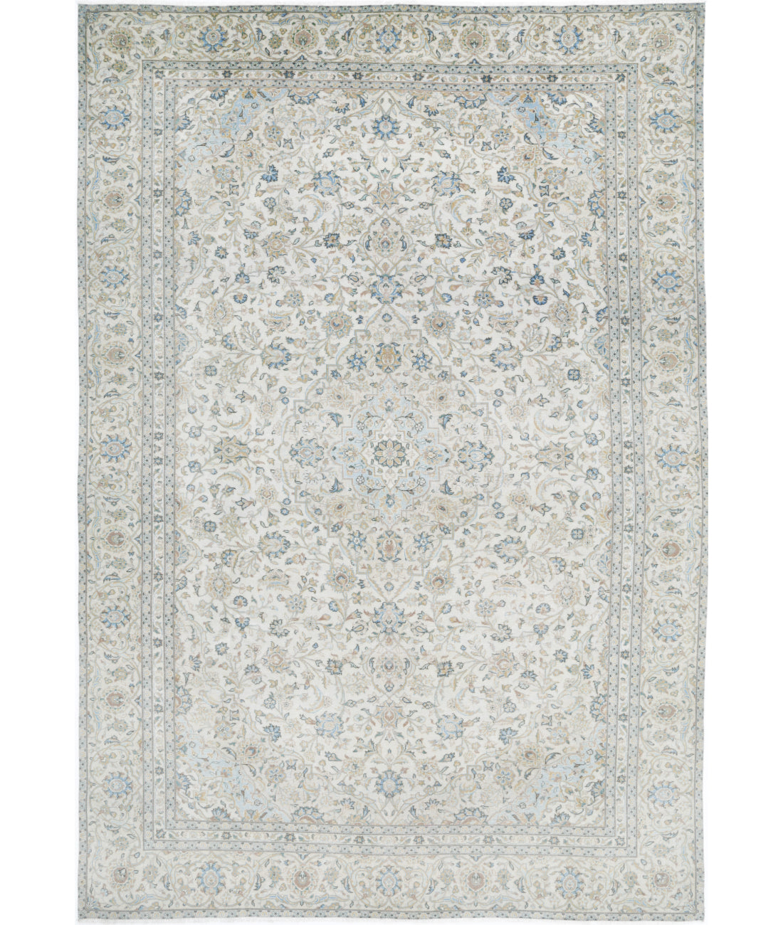 Hand Knotted Vintage Persian Kashan Wool Rug - 8'7'' x 12'7'' 8'7'' x 12'7'' (258 X 378) / Ivory / Blue