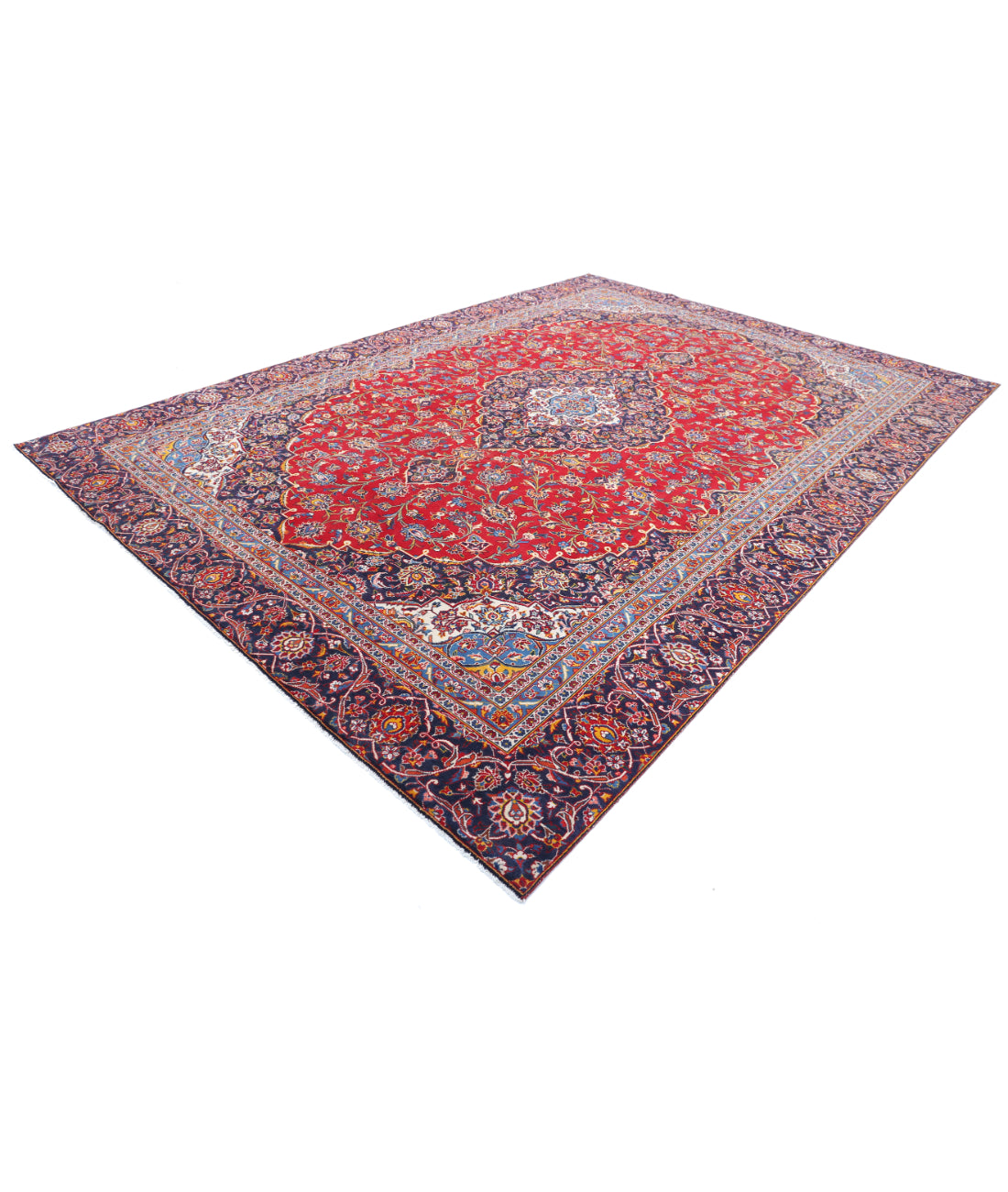 Hand Knotted Persian Kashan Wool Rug - 9'1'' x 12'9'' 9'1'' x 12'9'' (273 X 383) / Red / Blue