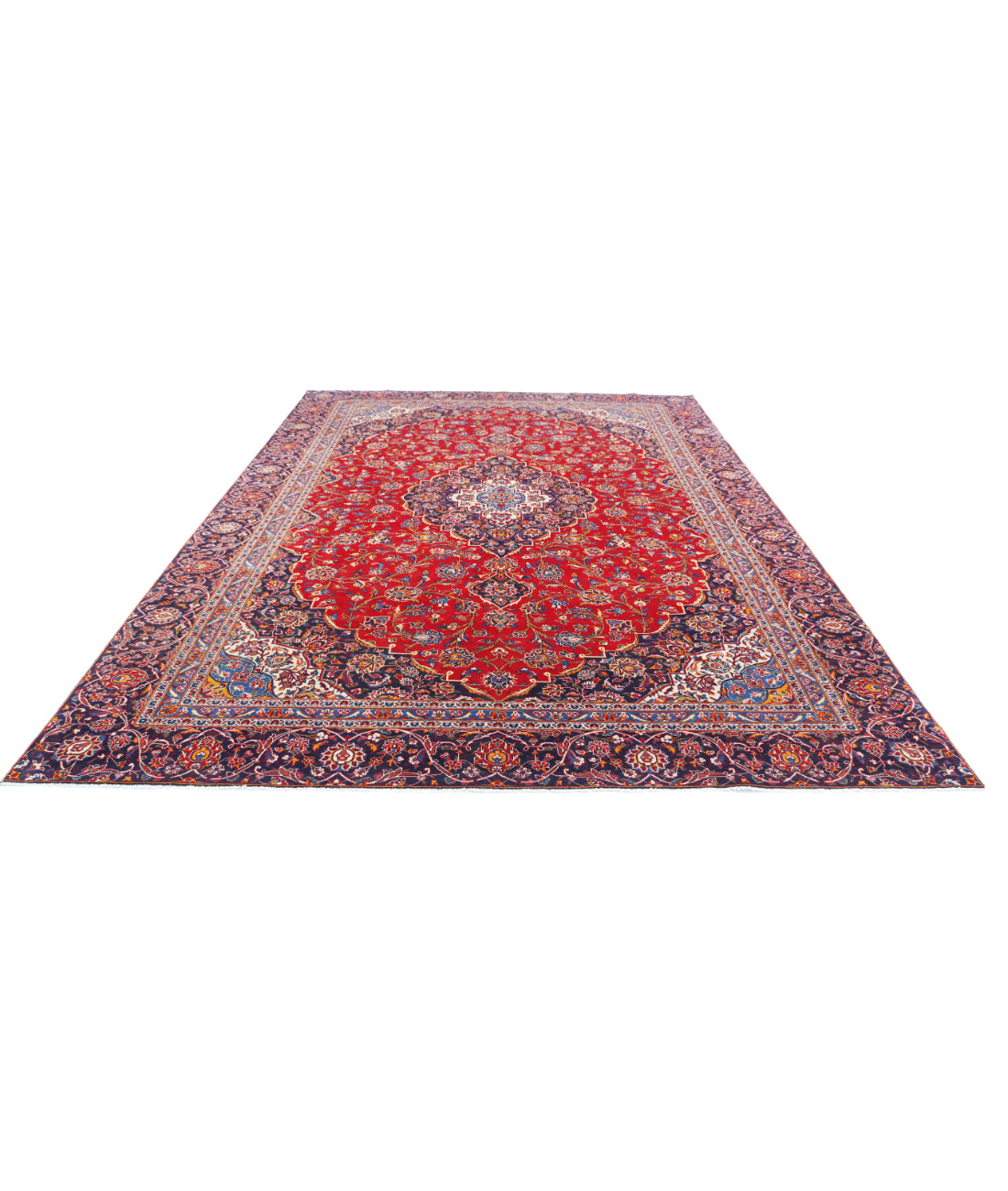 Hand Knotted Persian Kashan Wool Rug - 9'1'' x 12'9'' 9'1'' x 12'9'' (273 X 383) / Red / Blue