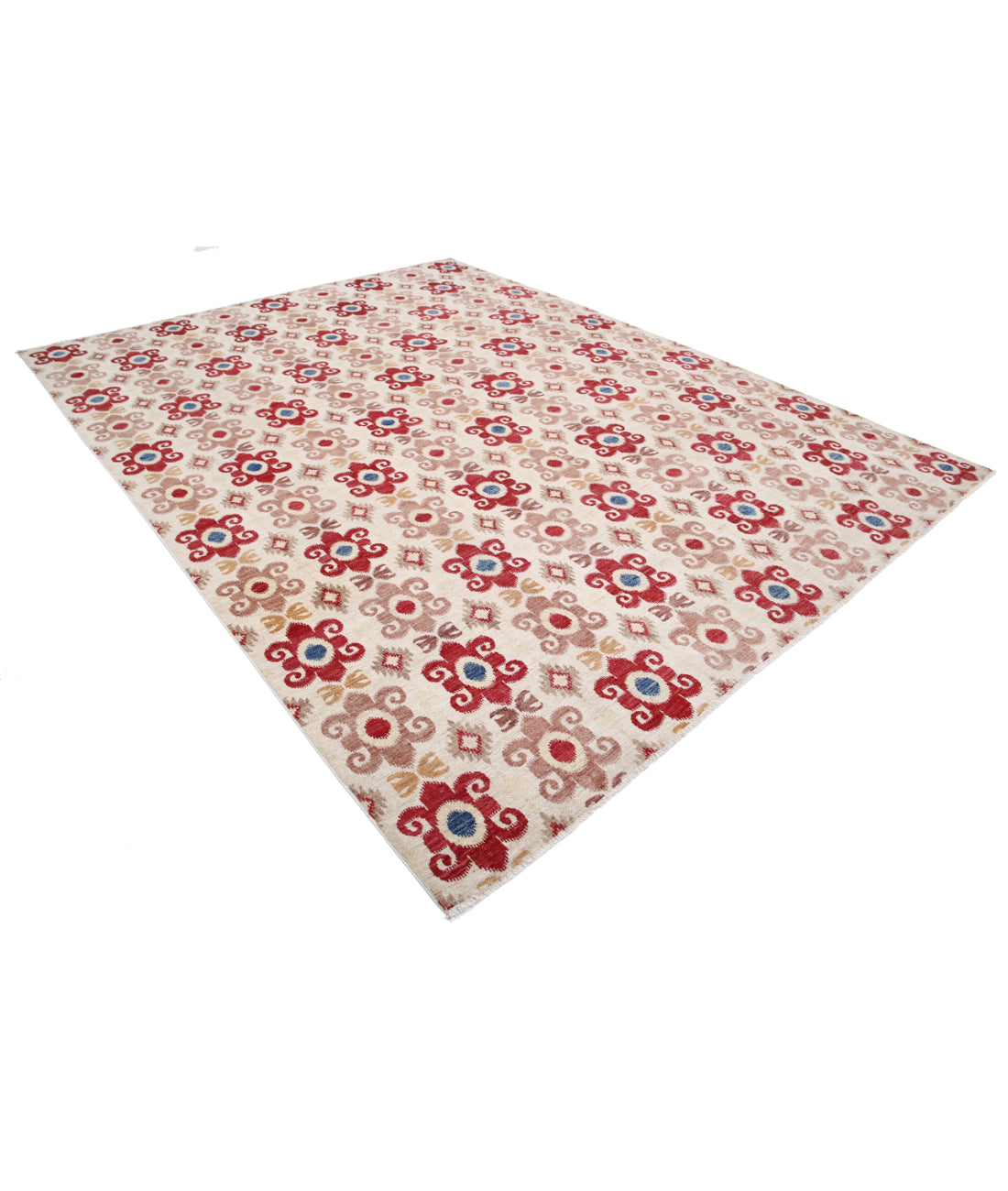 Hand Knotted Ikat Wool Rug - 8'9'' x 11'3'' 8'9'' x 11'3'' (263 X 338) / Ivory / Red
