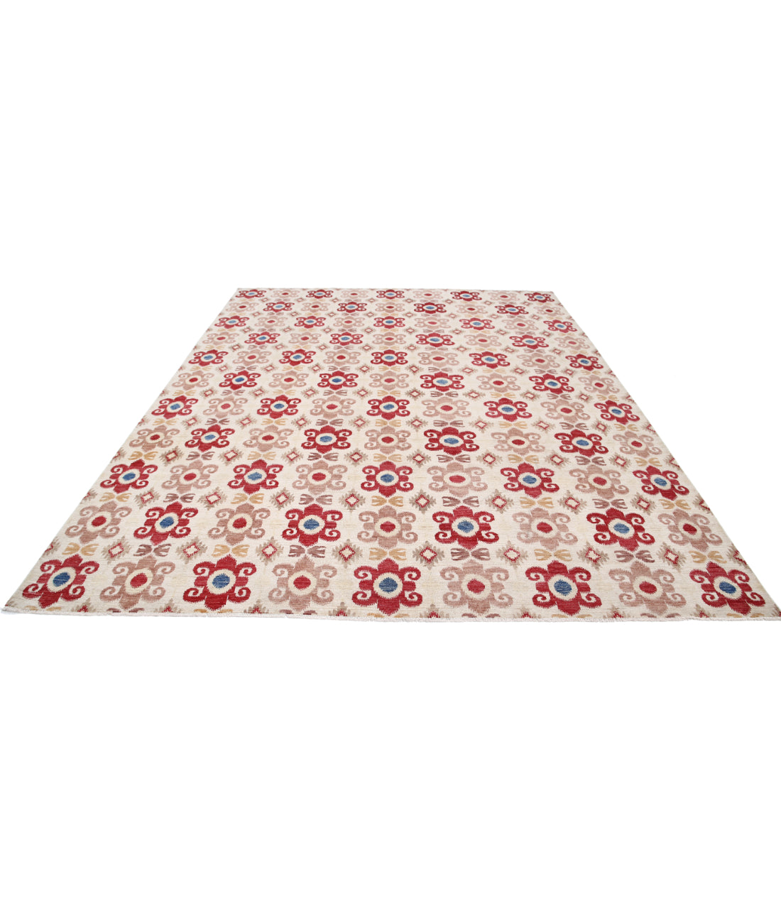 Hand Knotted Ikat Wool Rug - 8'9'' x 11'3'' 8'9'' x 11'3'' (263 X 338) / Ivory / Red