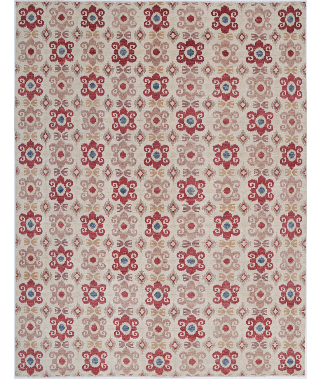 Hand Knotted Ikat Wool Rug - 8'9'' x 11'3'' 8'9'' x 11'3'' (263 X 338) / Ivory / Red