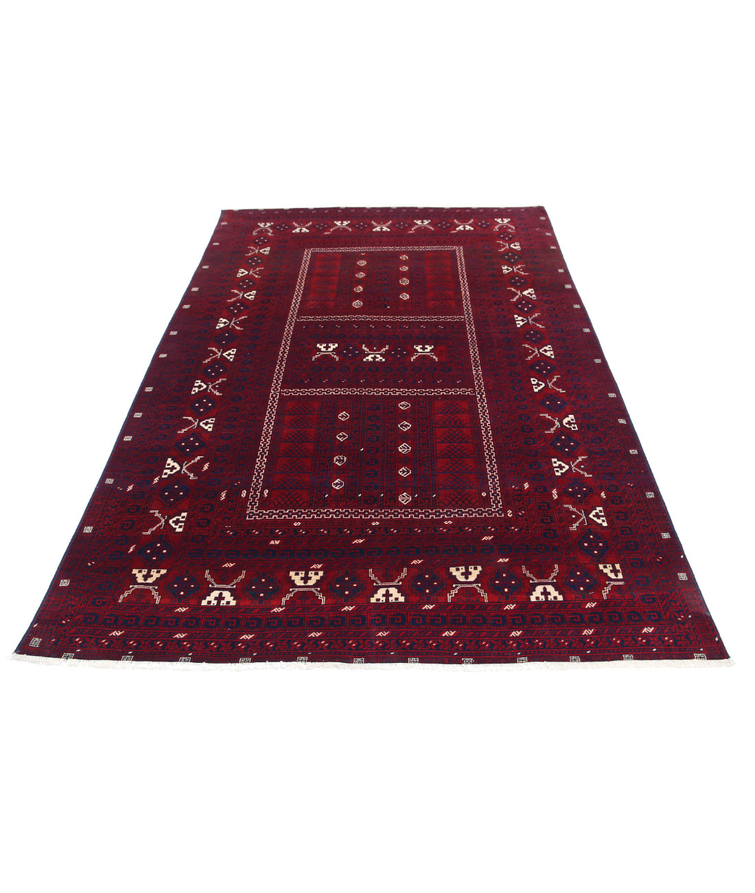 Hand Knotted Afghan Beljik Wool Rug - 5'2'' x 7'10'' 5'2'' x 7'10'' (155 X 235) / Red / Blue