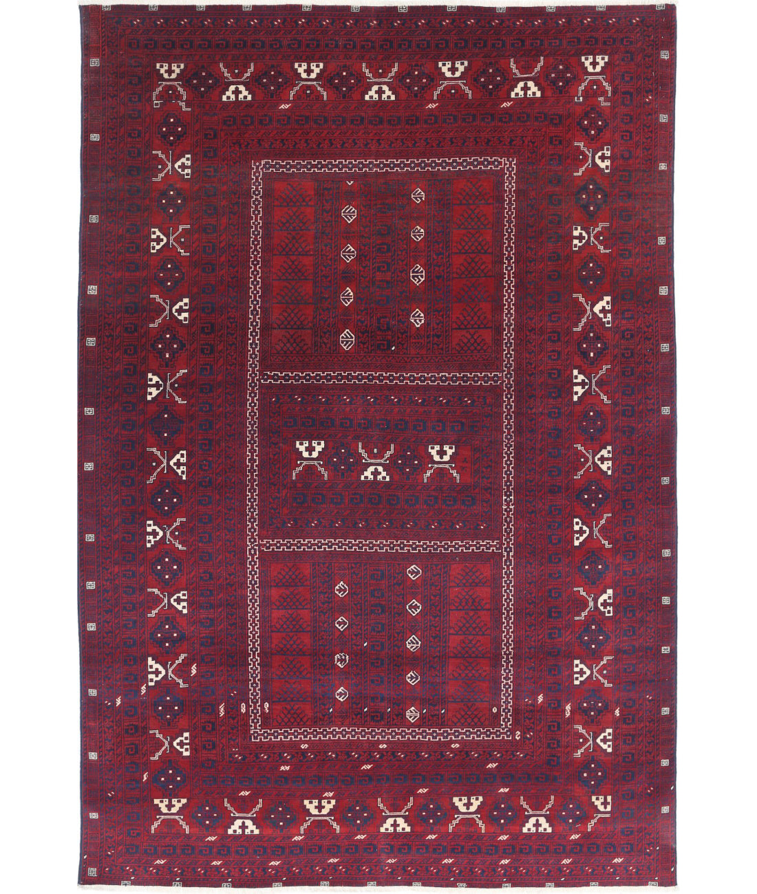 Hand Knotted Afghan Beljik Wool Rug - 5'2'' x 7'10'' 5'2'' x 7'10'' (155 X 235) / Red / Blue