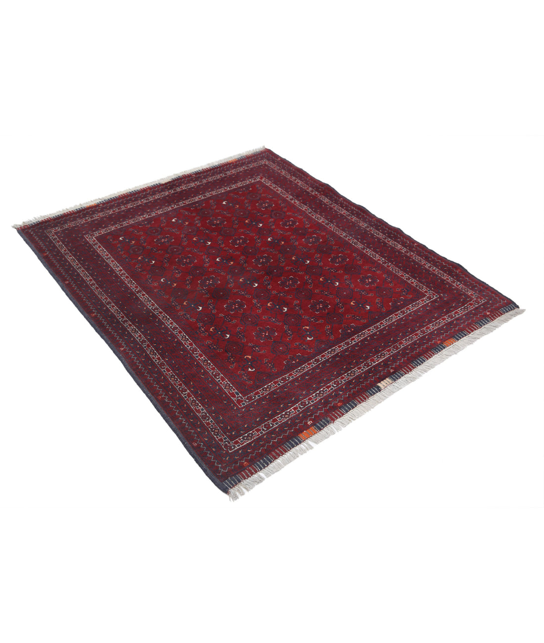 Hand Knotted Afghan Beljik Wool Rug - 4'0'' x 4'8'' 4'0'' x 4'8'' (120 X 140) / Red / Blue
